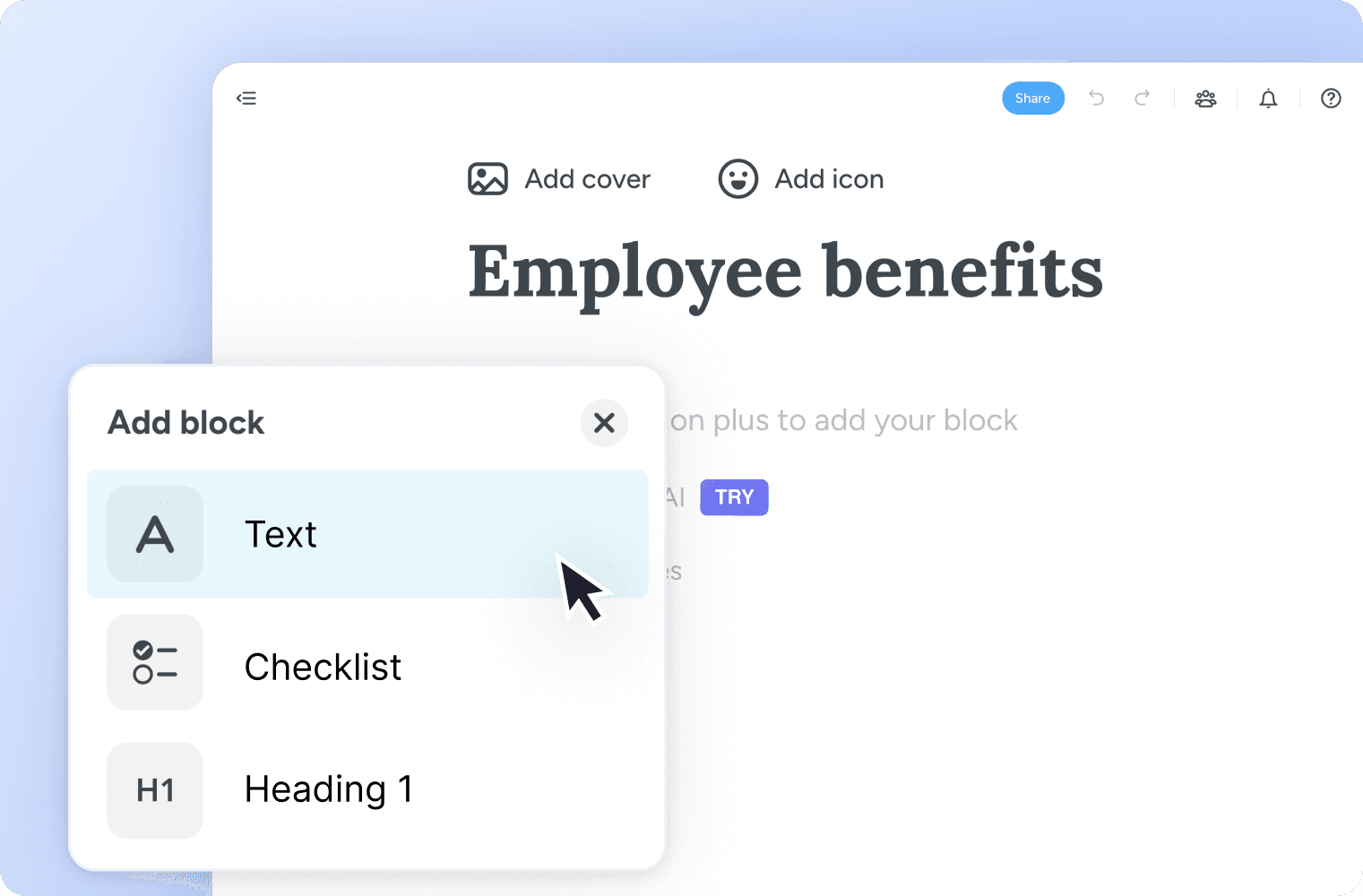 A note with options to add text, a checklist, or heading block.