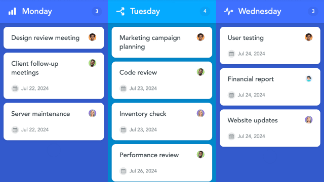 A digital weekly planner with tasks, due dates, and assignees