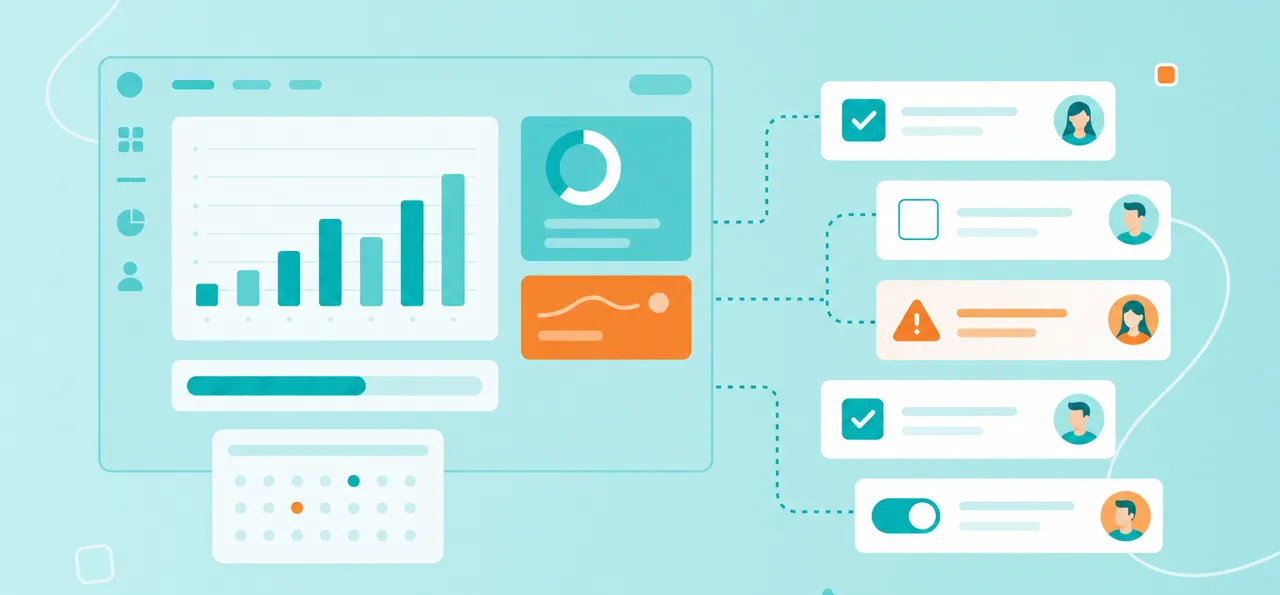 Illustration of a project dashboard with charts, progress bars and task cards