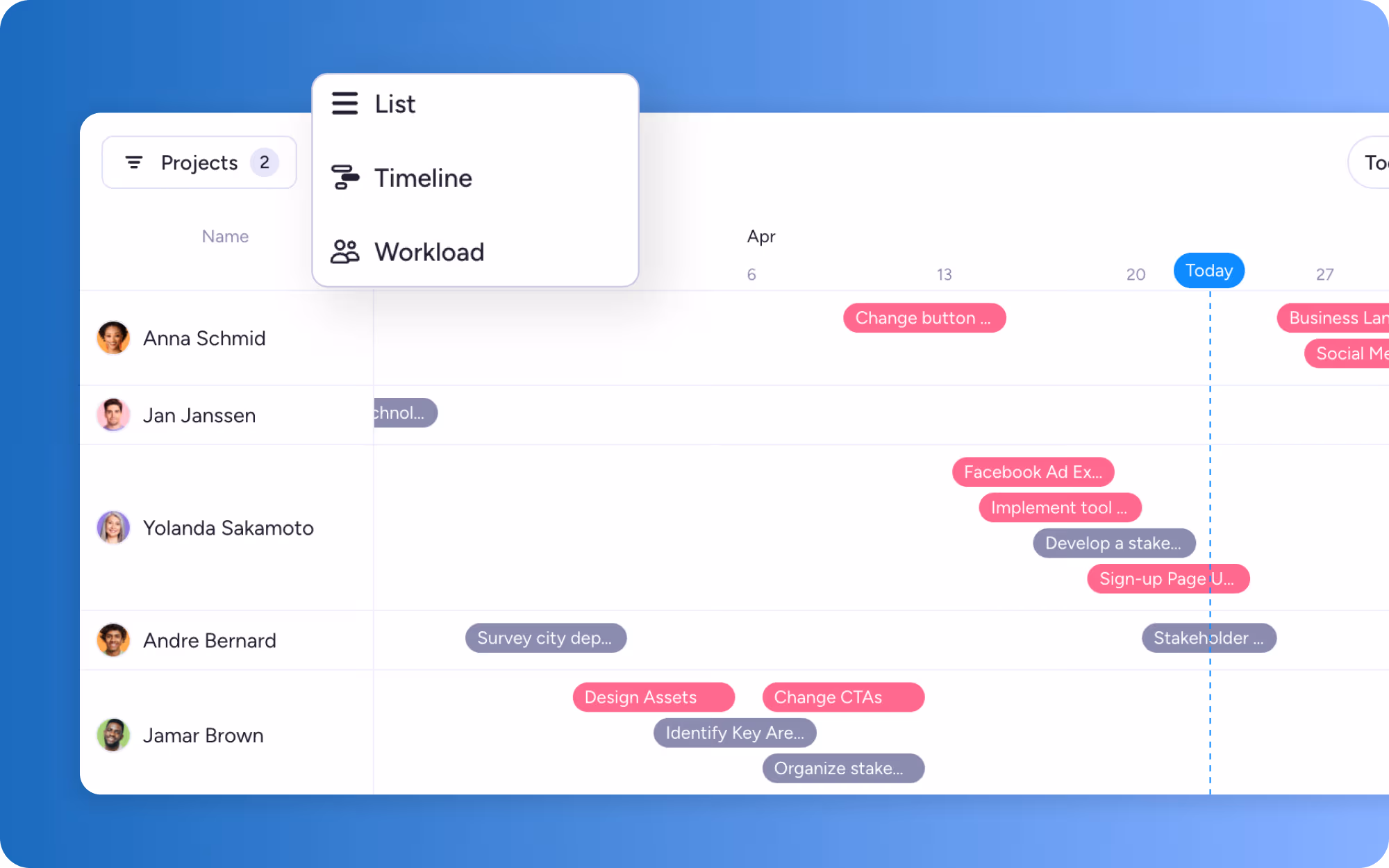 A workload planning project view showing team members and their tasks across projects