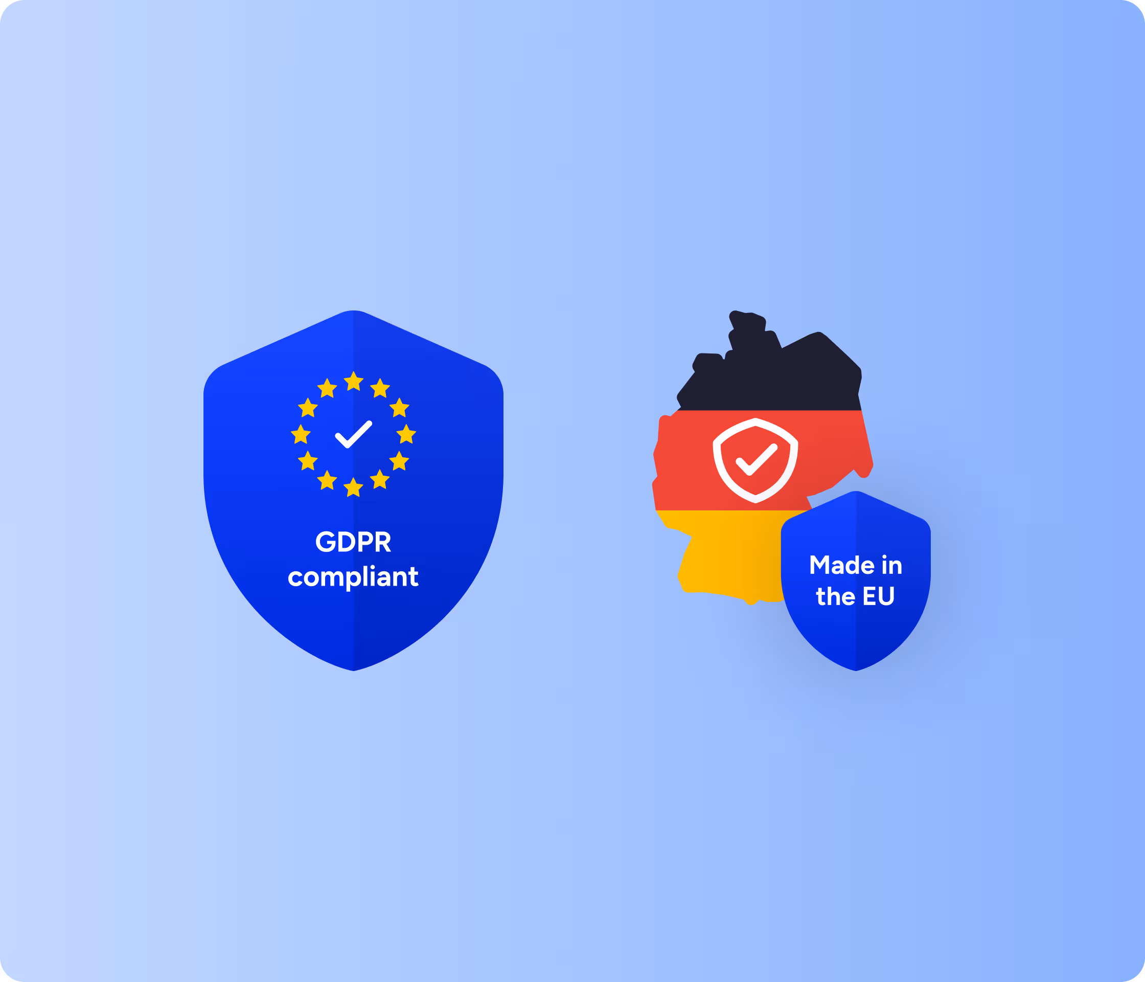 A blue shield with EU stars and "GDPR compliant" text, and a German map icon with "Made in the EU" shield